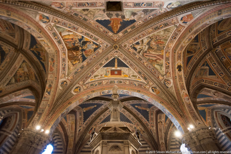 Upward symmetrical view of an elaborately painted rib vault divided into many figural and ornamental compartments.
