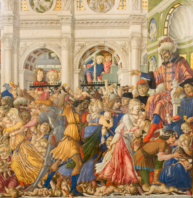 Crowded fresco with musicians, richly dressed men and women, children, and officials before monumental classical architecture.