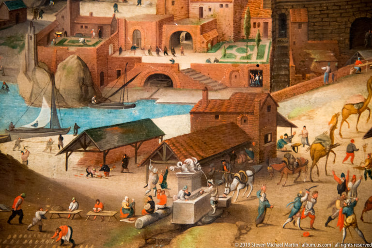 Busy painted waterfront with stone fountain, workshops, pack animals, pedestrians, bridges, and small boats.
