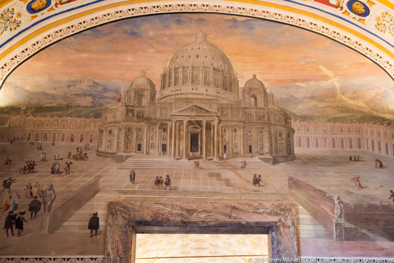 Painted view of St. Peter's Basilica and its large dome facing a broad piazza populated by small figures.