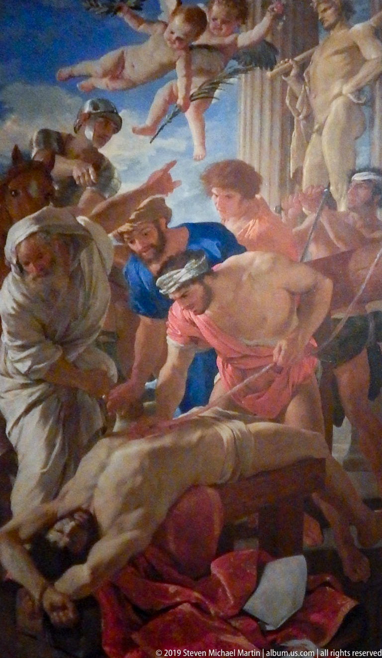 Dynamic religious painting with overlapping figures in colorful drapery moving before classical columns and bright sky.