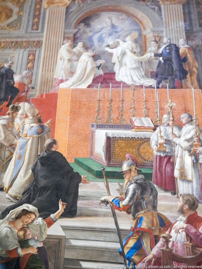 Close fresco view of a papal ceremony with clergy, altar, candles, attendants, and a kneeling dark-robed figure.
