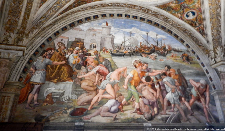 Close Renaissance battle fresco with soldiers grappling in the foreground and sailing ships and fortifications across the harbor behind.