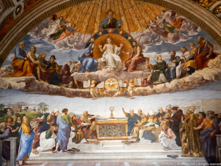 Raphael's Disputation of the Holy Sacrament with heavenly figures above theologians gathered around a Eucharistic altar.