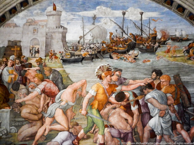 Renaissance fresco of soldiers fighting beside a harbor crowded with armed sailing ships and distant fortifications.