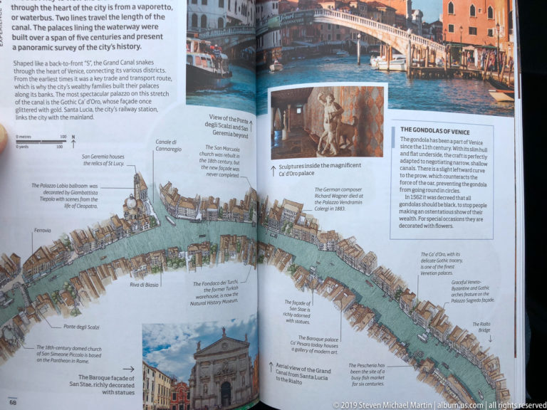 Open Venice guidebook with a Grand Canal map, photographs, and a text panel about Venetian gondolas.