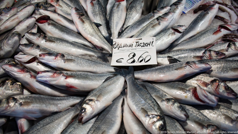 Whole silvery branzino arranged around a handwritten 'Branzini Freschi' sign priced at €8.60.