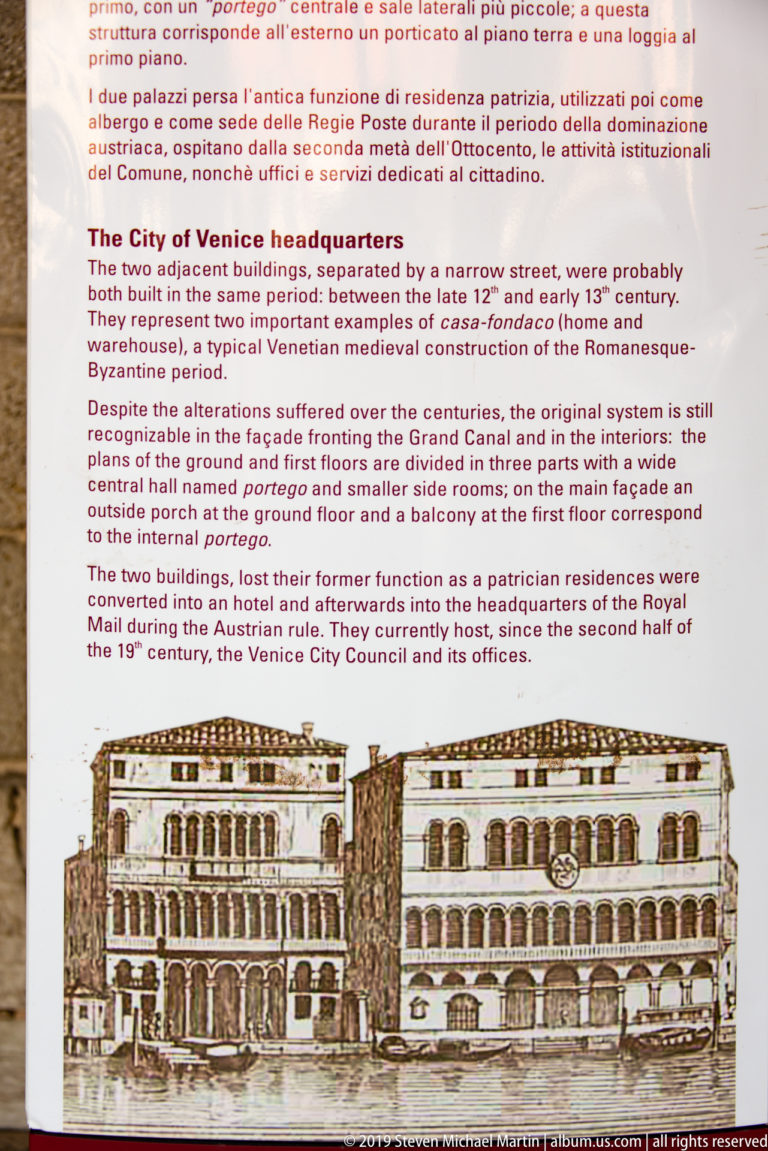 Interpretive sign with English historical text above a drawing comparing two multi-story Venetian façades.