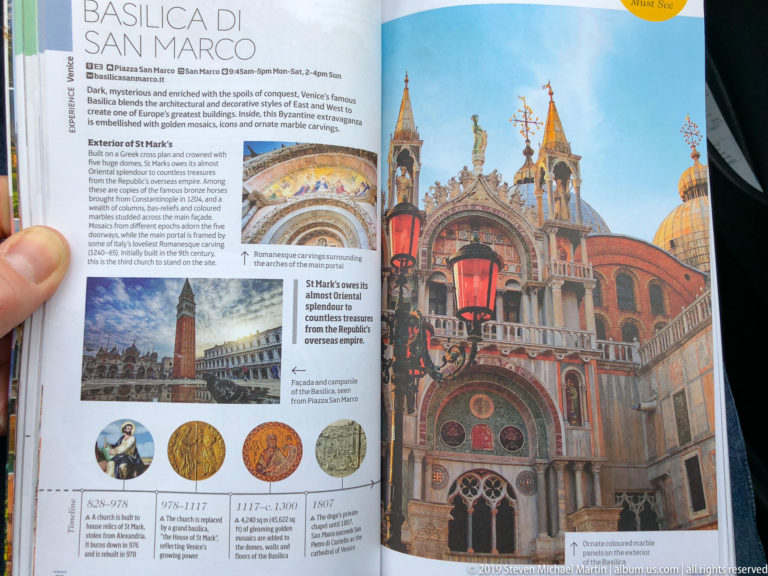 Open travel guide spread about St. Mark’s Basilica with photographs, diagrams, historical illustrations, and explanatory text.