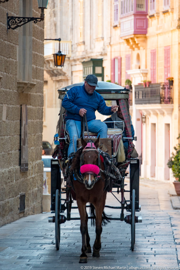 Horse-drawn carriage approaches the camera along a stone street framed by limestone buildings and projecting balconies.