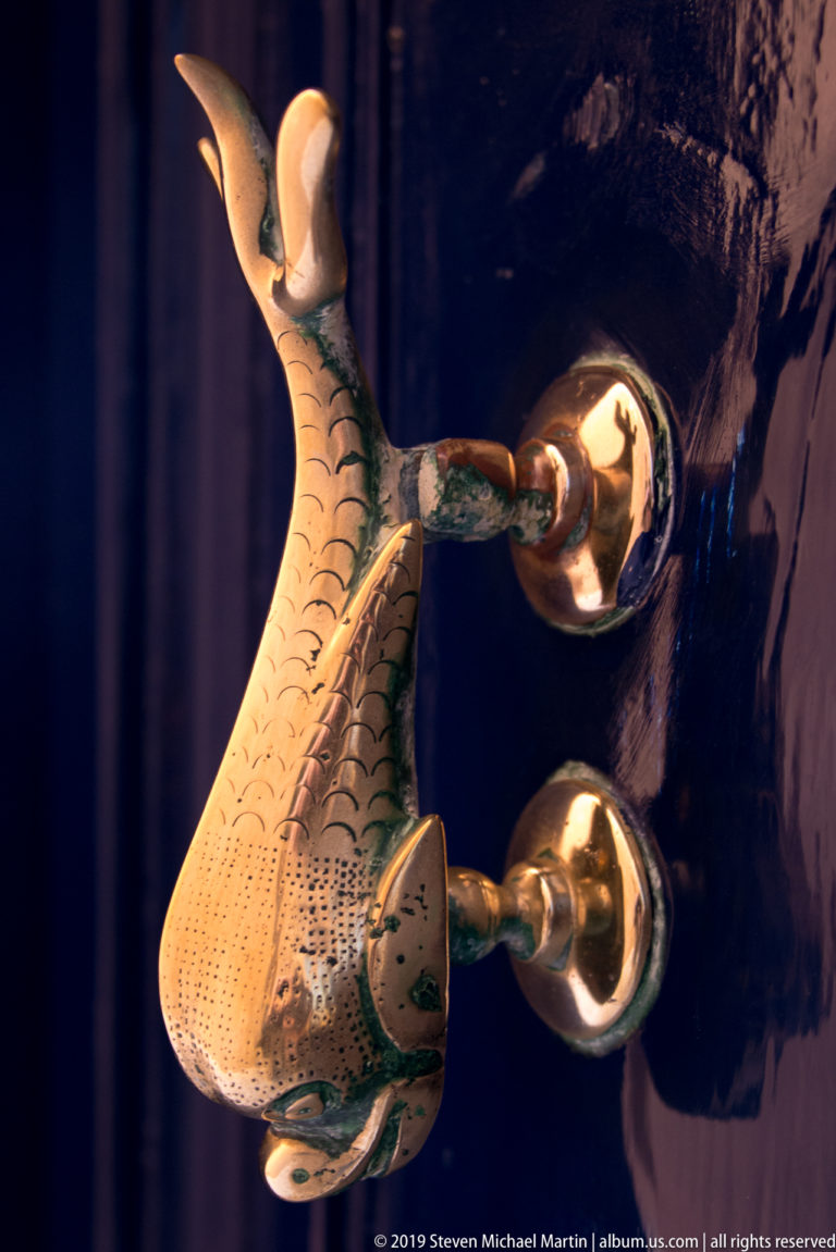 Fish-shaped metal door knocker with textured scales and fins attached by two polished mounts to a glossy dark door.