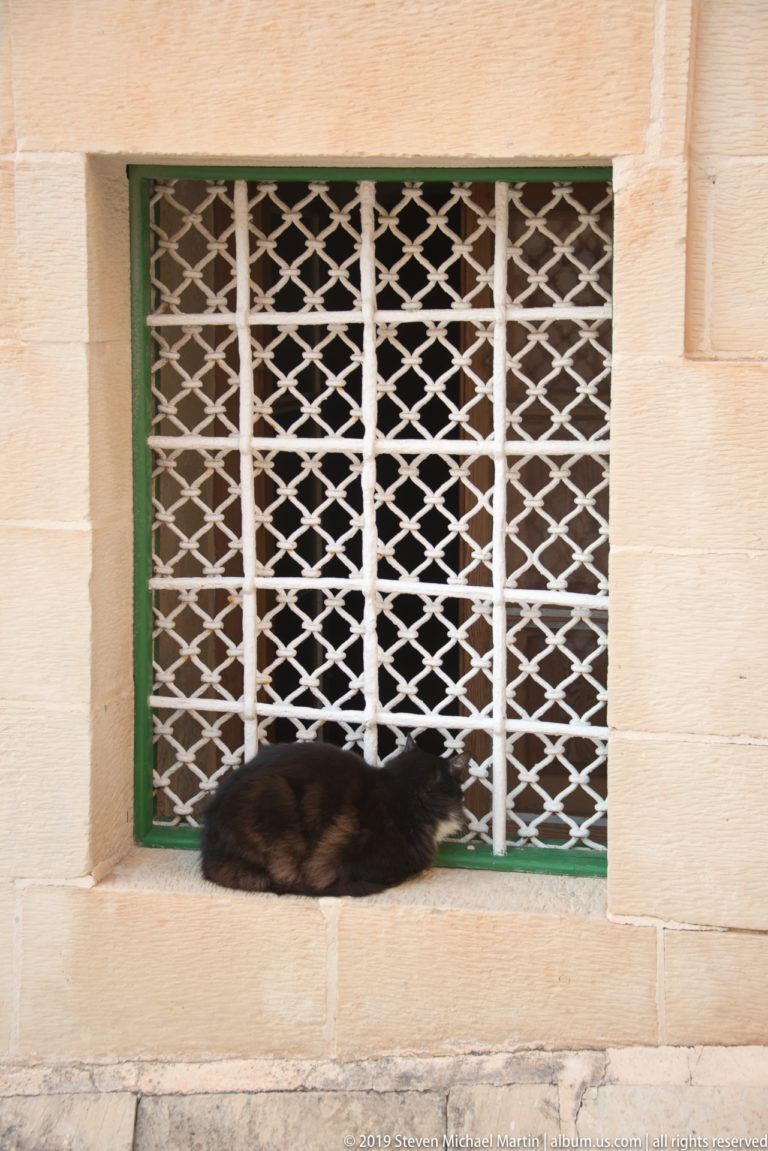 Dark cat sleeping on a limestone window sill behind a white diamond-pattern grille with green trim.