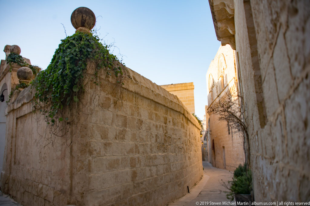 Narrow curving lane enclosed by high limestone walls with ivy and sparse plants in M’dina.
