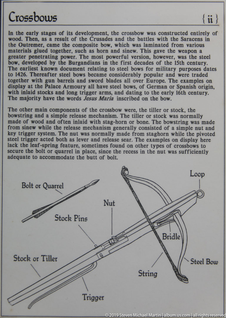 Museum panel with text on crossbow development and a labeled diagram identifying the stock, trigger, string, steel bow, and bolt.