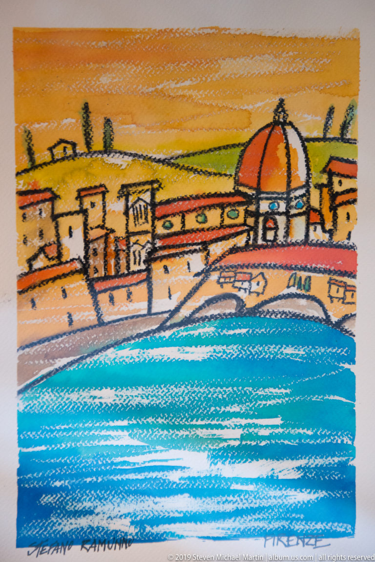 Colorful stylized drawing of Florence’s skyline, cathedral dome, bridge, hills, and bright blue Arno River.