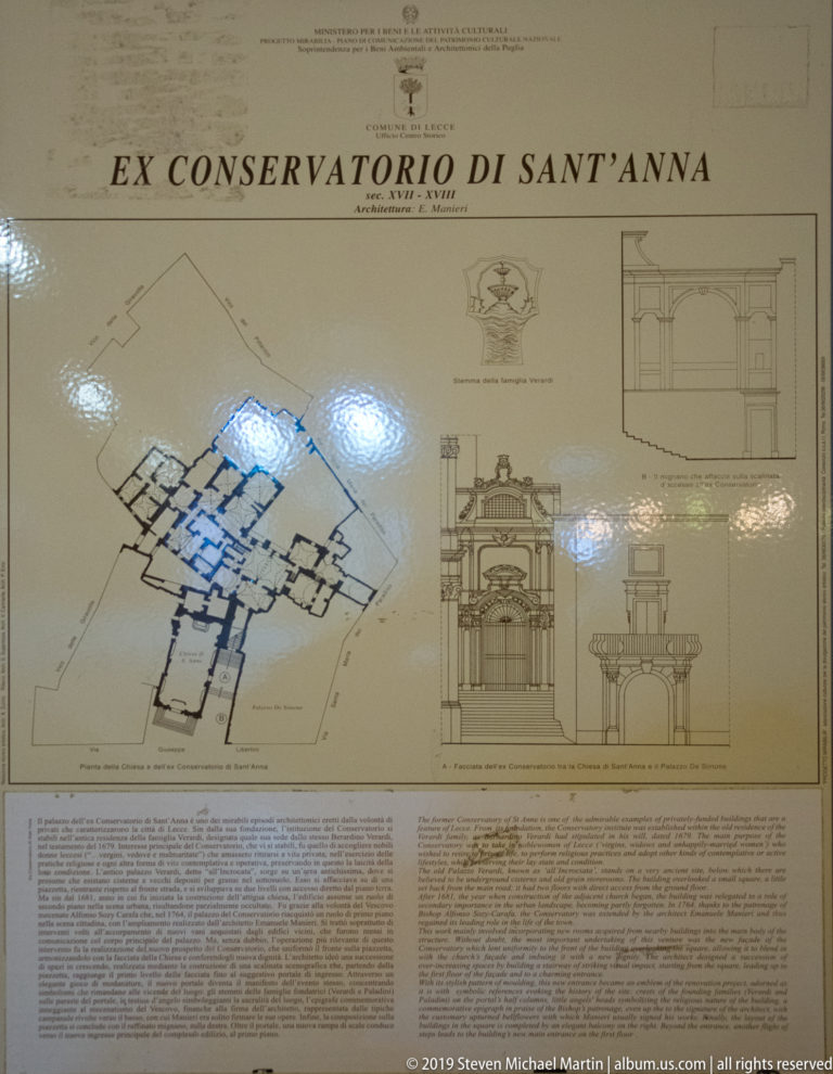 Interpretive panel titled Conservatorio di Sant’Anna with floor plan, façade elevation, architectural detail drawings, and explanatory text.