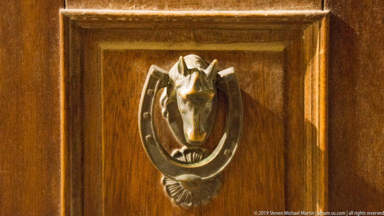 Metal horse-head door knocker within a horseshoe-shaped fitting on a warm brown paneled wooden door.
