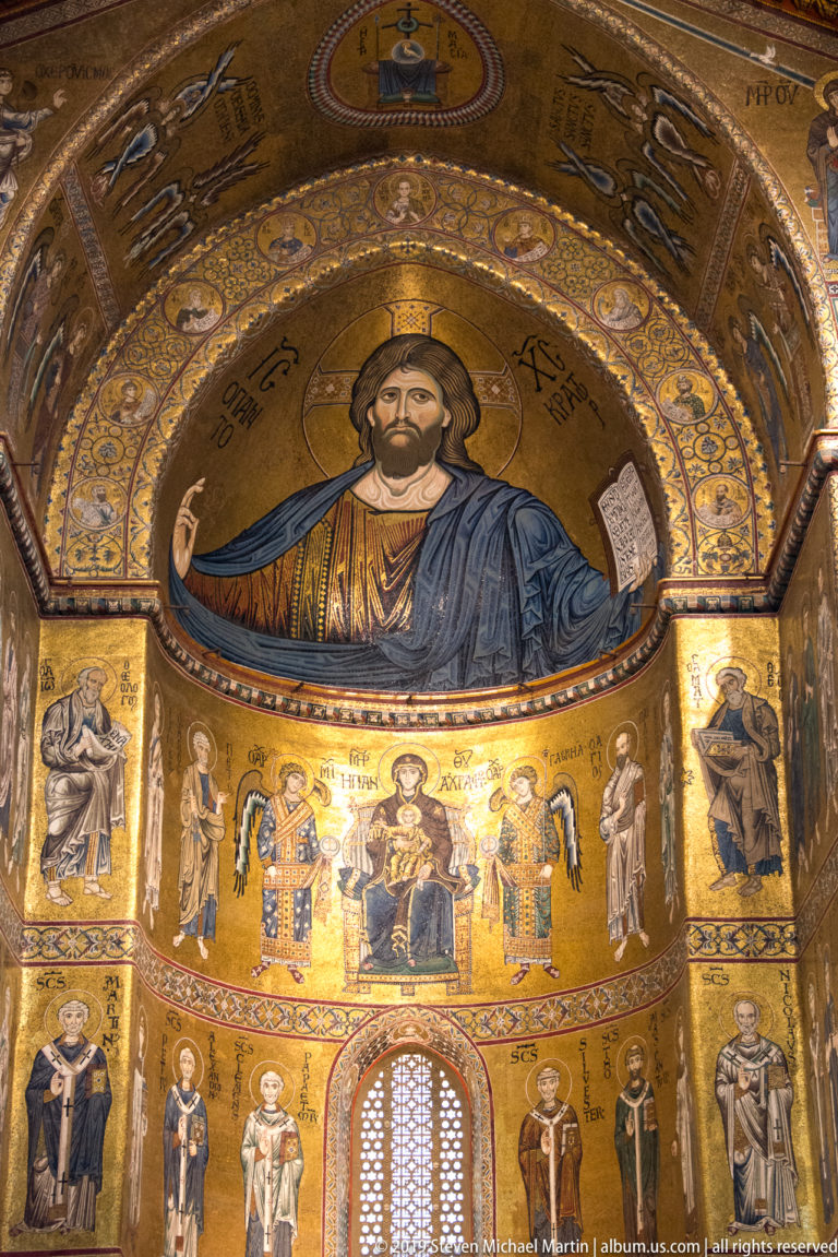 The apse mosaic shows Christ Pantocrator above the enthroned Virgin and Child, surrounded by angels and saints.