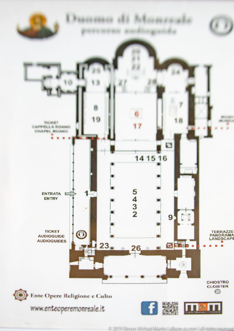A printed cathedral visitor plan labels the entrance, ticket desk, terraces, audio guides, and cloister.