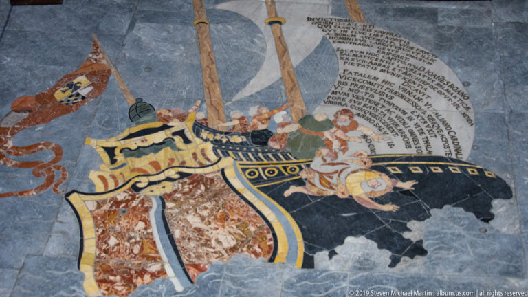 A marble floor inlay in the Roano Chapel shows Jonah being cast from a ship into a stormy sea.