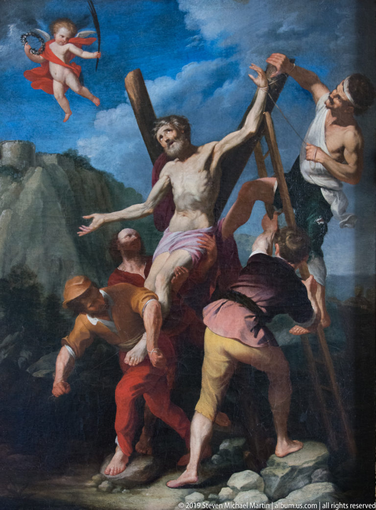 Sculpted attendants support Christ’s body as it is lowered from the Cross in a Deposition scene.