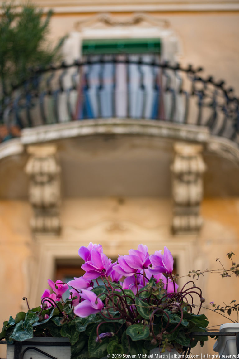 Magenta cyclamen in sharp foreground focus with a blurred carved stone balcony and dark iron railing behind.