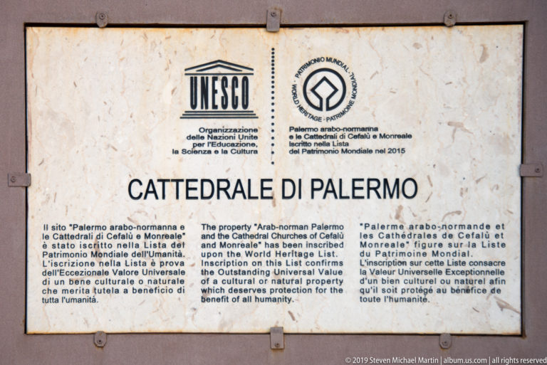 Multilingual UNESCO plaque identifying Palermo Cathedral within the Arab-Norman Palermo World Heritage property inscribed in 2015.