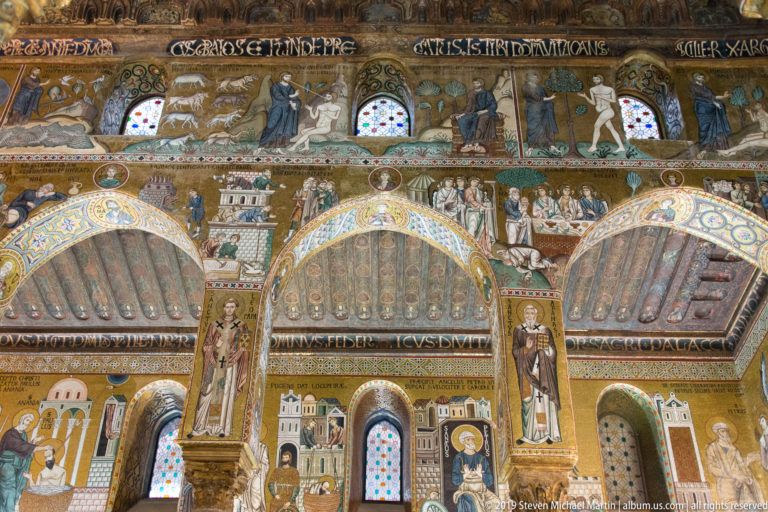 Narrative gold-ground mosaic cycles above the Palatine Chapel nave arcades.