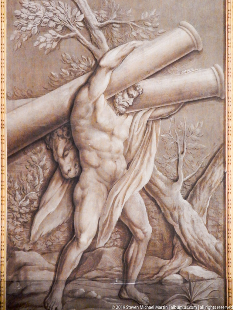 Monochrome classical panel of a falling nude male figure.