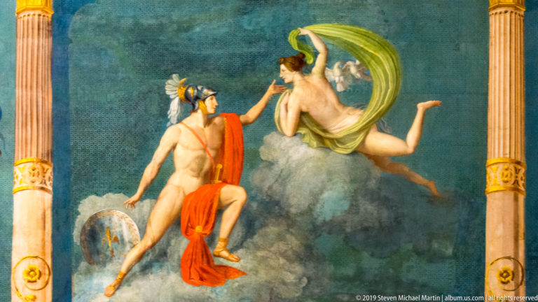 Mercury with winged helmet and caduceus faces a flying female figure with green drapery between classical columns.