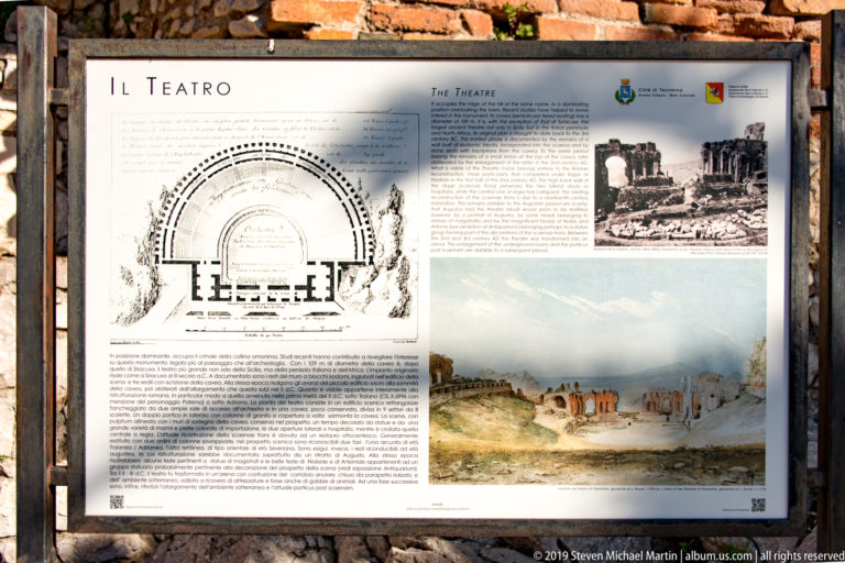 Large interpretive panel with a theatre plan, explanatory text, historic photographs, and an illustrated reconstruction.