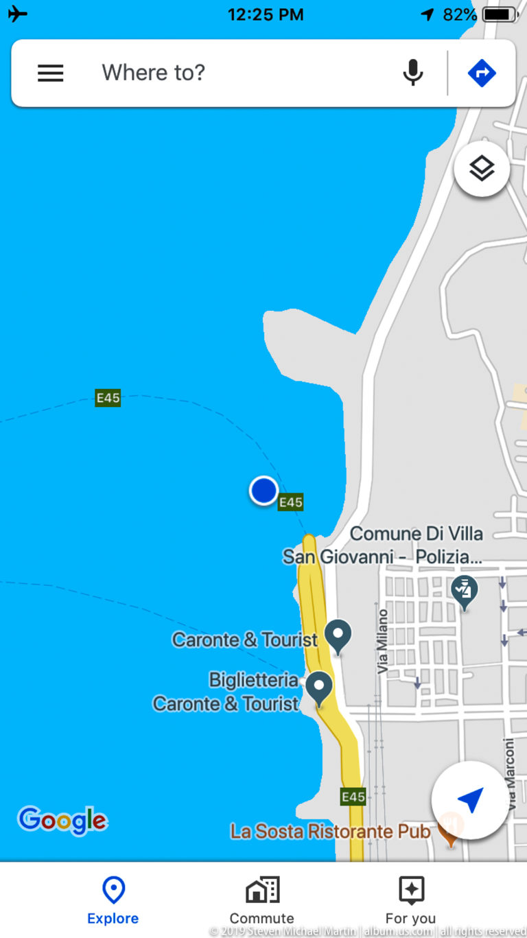 Google Maps screen showing the Messina waterfront near Caronte & Tourist, with a blue location marker just offshore.
