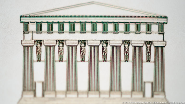 Reconstruction drawing of a Greek temple façade with Doric columns and colossal human figures positioned between upper supports.
