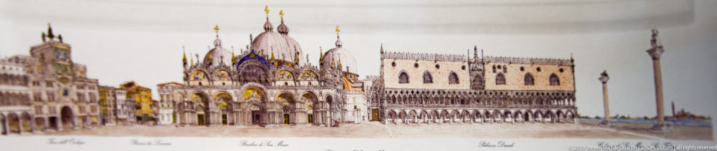 Souvenir print showing St. Mark's Basilica and the Doge's Palace, with domes, arcades, and a column at the right.