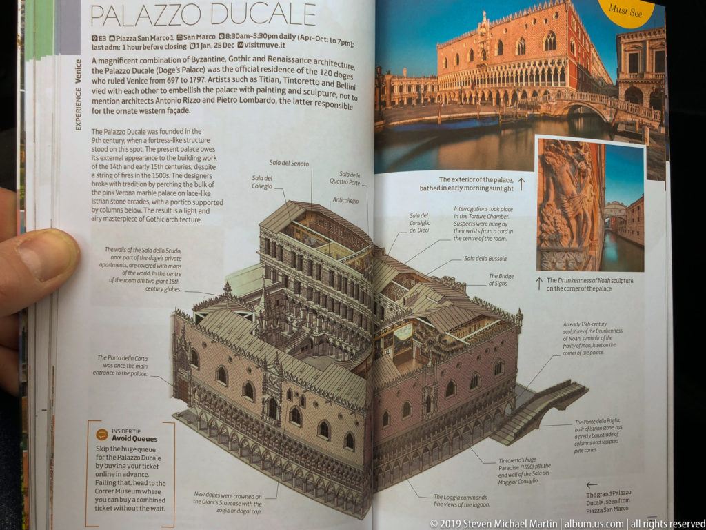 Open guidebook held by hand, with a labeled palace diagram, exterior photographs, and explanatory text across two pages.