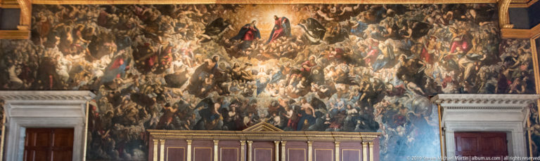 Tintoretto’s vast Paradise fills the wall above the wooden dais in the Sala del Maggior Consiglio.