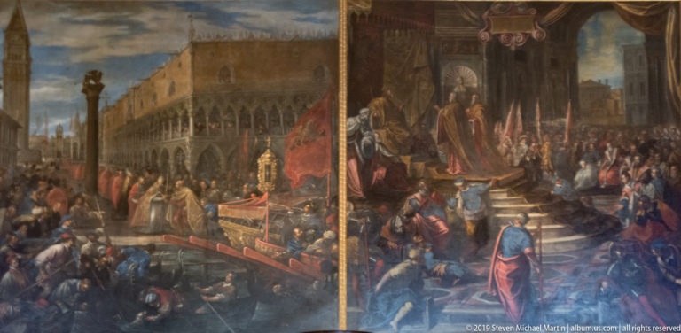 Two large historical paintings showing crowded Venetian ceremonies, including the Palazzo Ducale façade and a formal audience scene.