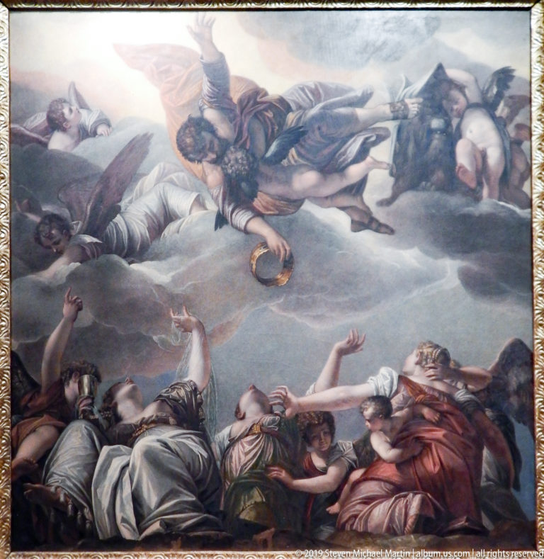 Foreshortened armored figure descending through clouds toward a group of people reaching upward below.