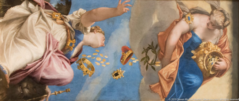 Two allegorical women against blue sky, one with a crown and falling gold coins, the other holding laurel.