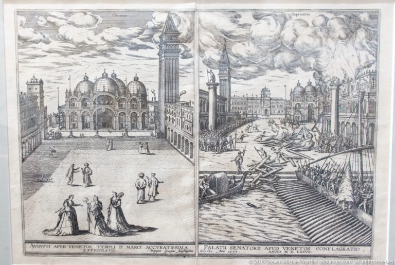 Historic engraved sheet with two detailed Venetian city views, including Piazza San Marco and a waterfront scene.