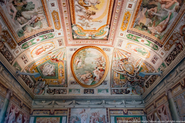 Frescoed vault filled with narrative panels, oval medallions, heraldic motifs, and colorful grotesque decoration.