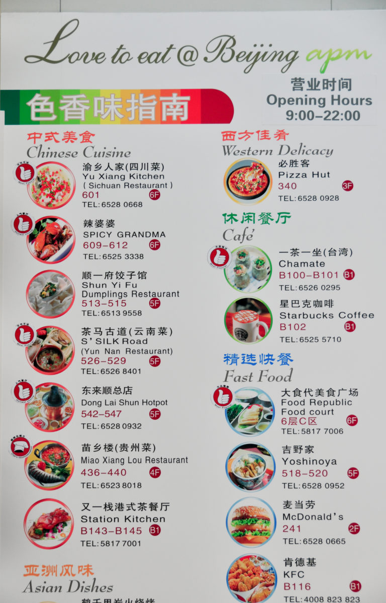 Shopping mall restaurant directory in Beijing listing local and international dining venues by floor, including Pizza Hut, Starbucks, and Food Republic.