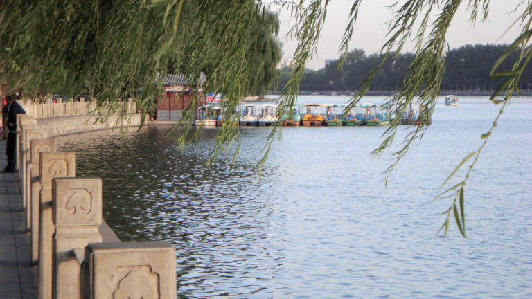 Small pleasure boats on a willow-framed lake in Beijing, some moored near the opposite shore.