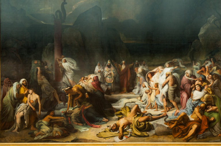 Fidelio Bruni’s 1841 The Brazen Serpent, a vast biblical scene crowded with suffering Israelites, fallen bodies, and figures seeking deliverance.