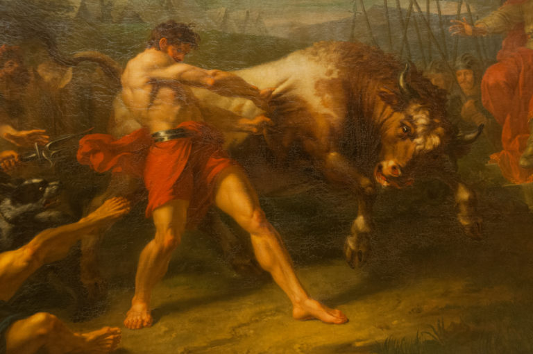 Grigory Ugryumov’s Testing the Strength of Jan Usmar, with a nearly nude warrior grappling a charging bull before armed spectators.