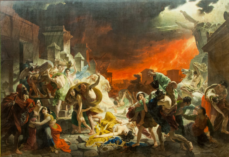 Full view of Karl Bryullov’s 1833 The Last Day of Pompeii, crowded with fleeing figures, fallen bodies, horses, and collapsing architecture.
