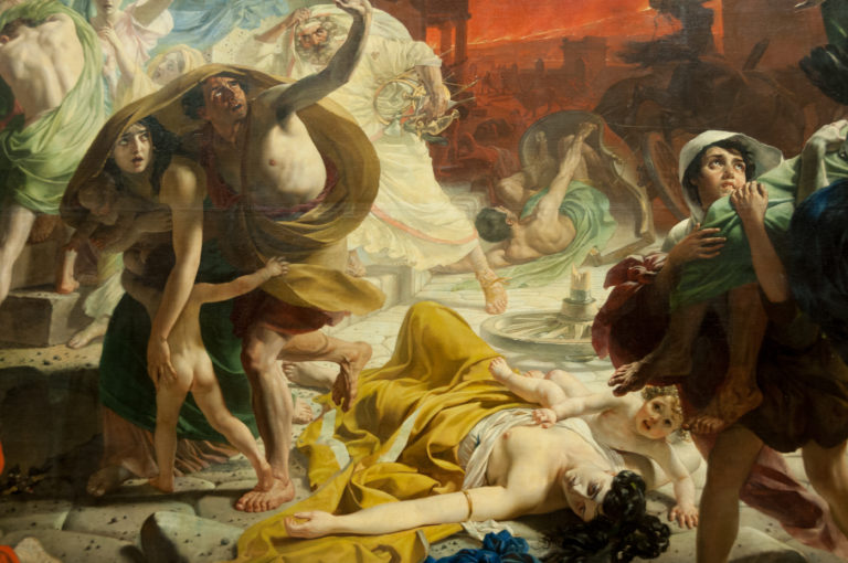 Close detail of a fallen woman in yellow and surrounding fleeing figures from Karl Bryullov’s The Last Day of Pompeii.
