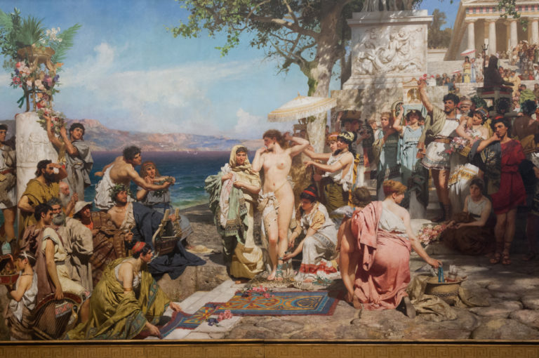 Henryk Siemiradzki’s 1889 Phrine at the Festival of Poseidon at Eleusis, with Phrine unveiled before a seaside festival crowd.