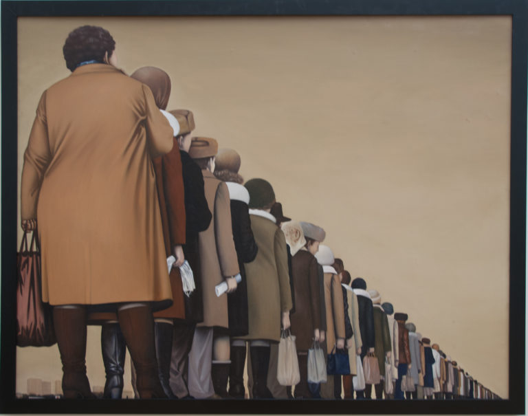 Alexei Sundukov’s 1986 Queue, with bundled figures seen from behind receding in a long line toward a distant vanishing point.