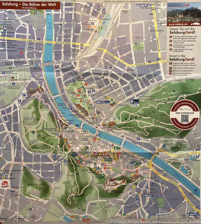Illustrated tourist map of central Salzburg showing the Salzach, bridges, historic center, green hills, and major landmarks.
